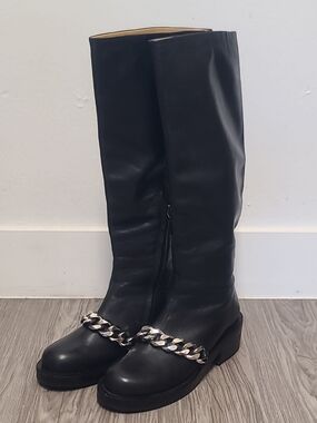 Givenchy Black Leather Chain & Zipper Knee High Riding Boots Women EU 37 US 6